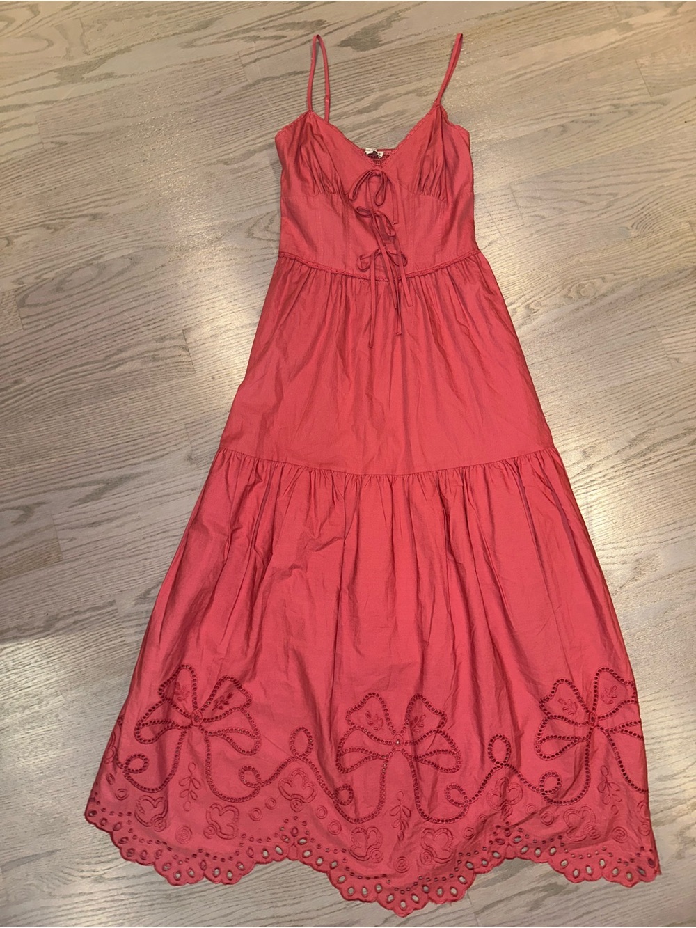 Moon River Red Maxi Dress with Eyelet Hem